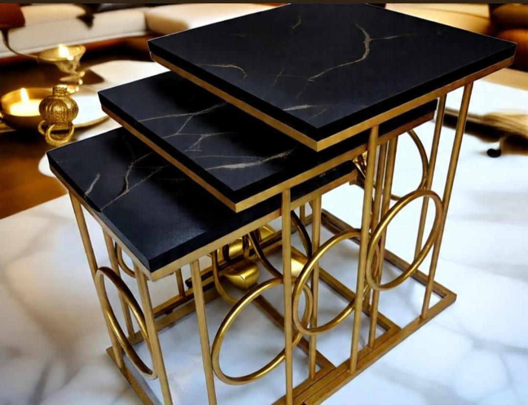 Luxury Nesting Tables Set of 3 – UV Lasani Top with Golden Iron Base | Black And White Tops | Water Resistant | High Quality Finish