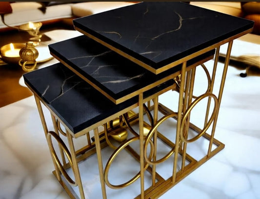Luxury Nesting Tables Set of 3 – UV Lasani Top with Golden Iron Base | Black And White Tops | Water Resistant | High Quality Finish