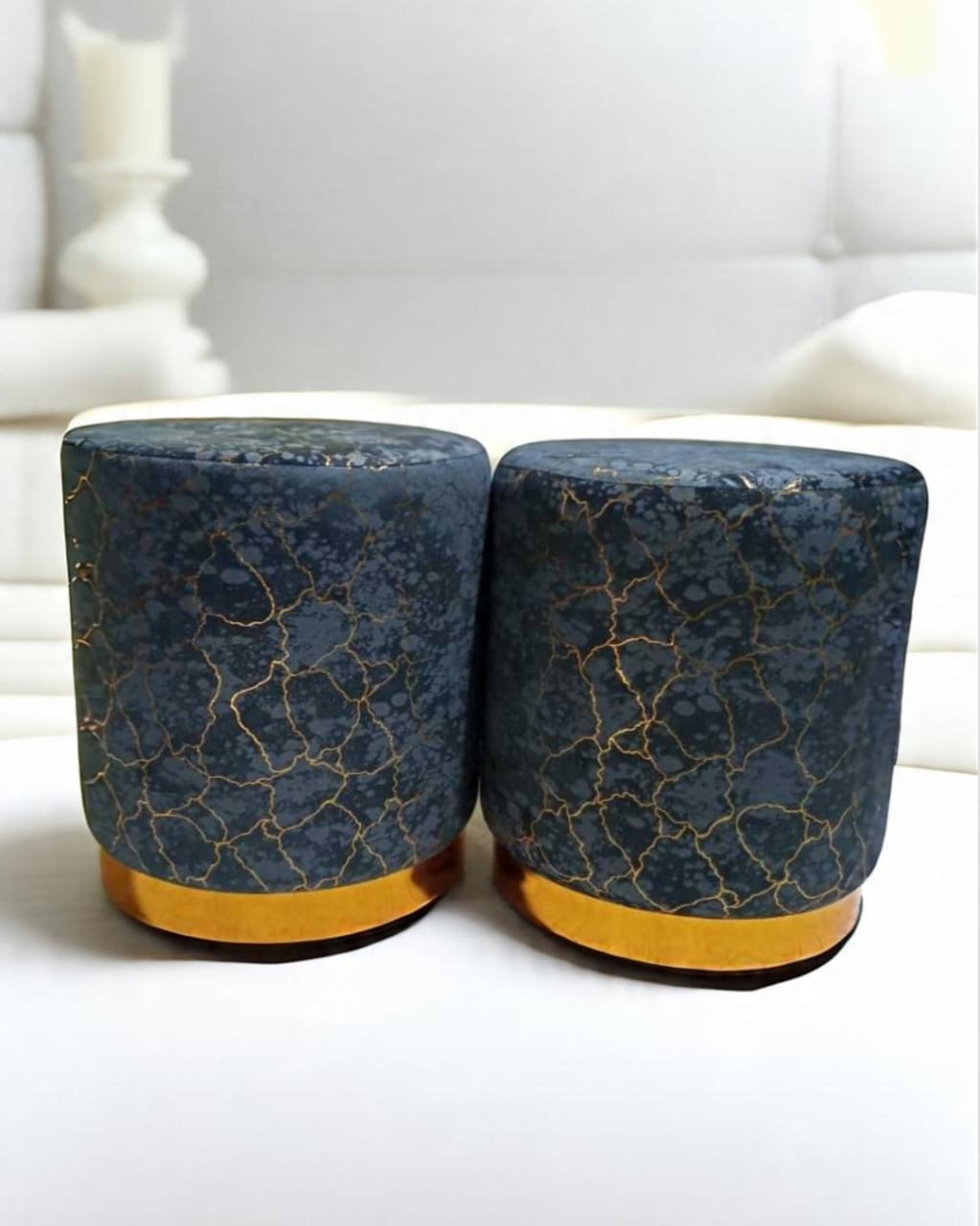 Velvet Gold Base Ottoman Stool Set – Round Padded Pouffes (Set of 2)