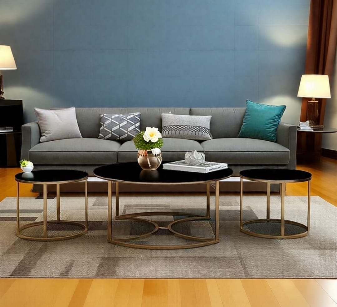 Luxury 3-Piece Nesting Coffee Table Set – High-Gloss UV Wooden Top (White or Black) with Golden Metal Base