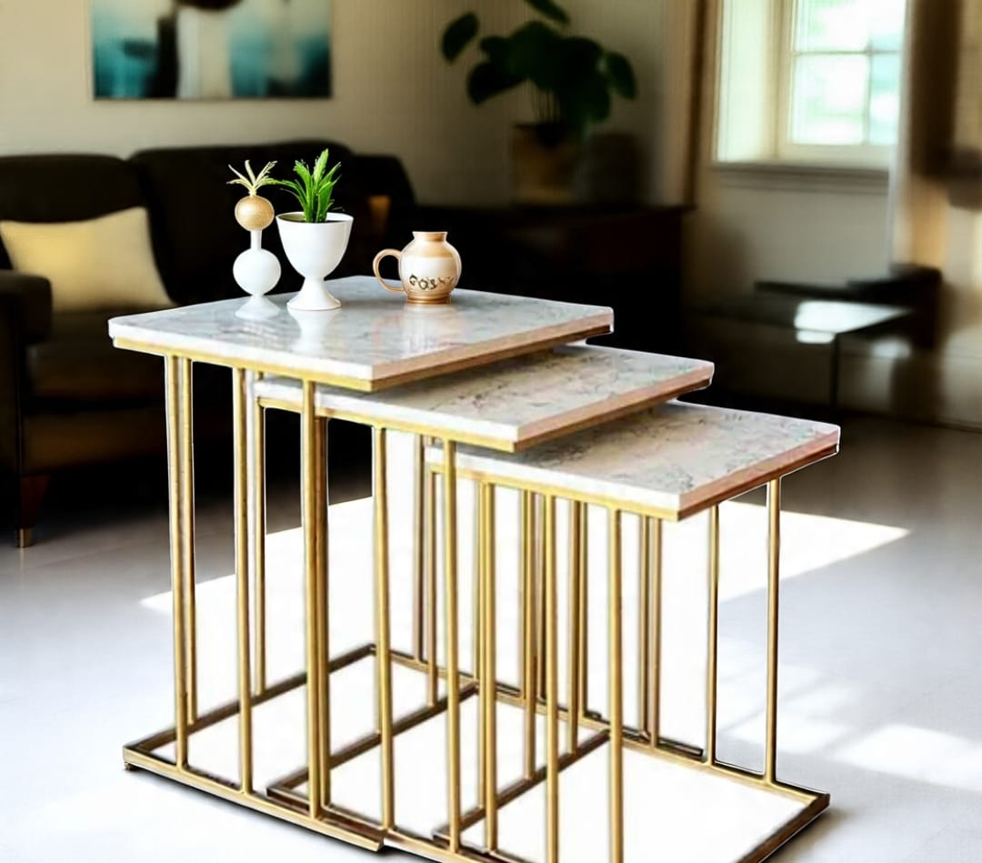 Luxury Nesting Tables Set of 3 – UV Lasani Top with Golden Iron Base | Black & White Marble Look | Modern Side Tables for Living Room, Bedroom, Office