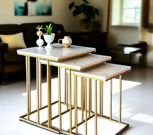 Luxury Nesting Tables Set of 3 – UV Lasani Top with Golden Iron Base | Black & White Marble Look | Modern Side Tables for Living Room, Bedroom, Office