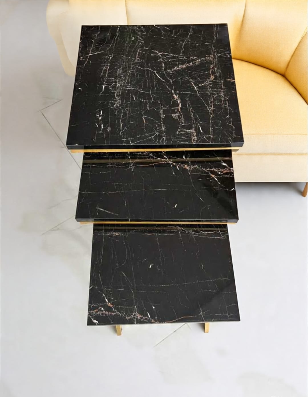 Modern Nesting Table Set – Black & White UV Lasani Top with Gold Iron Frame (3-Piece Set)