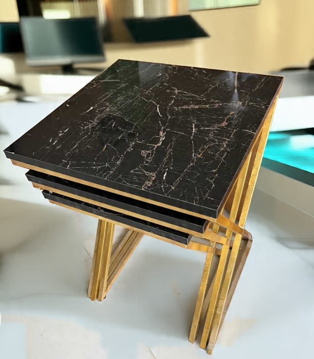Modern Nesting Table Set – Black & White UV Lasani Top with Gold Iron Frame (3-Piece Set)