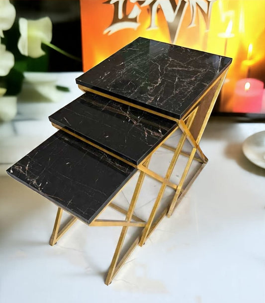 Modern Nesting Table Set – Black & White UV Lasani Top with Gold Iron Frame (3-Piece Set)