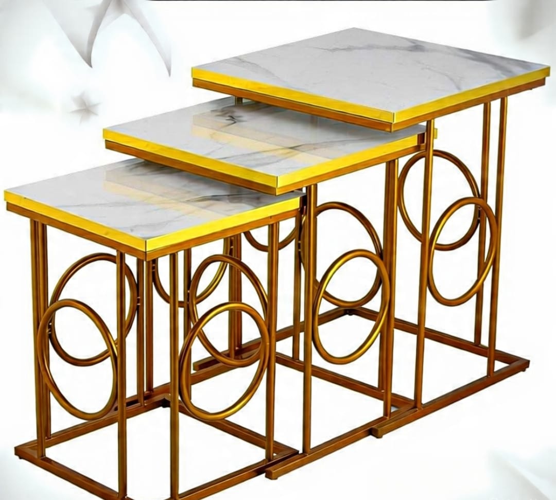 Luxury Nesting Tables Set of 3 – UV Lasani Top with Golden Iron Base | Black And White Tops | Water Resistant | High Quality Finish