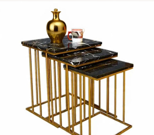 Luxury Nesting Tables Set of 3 – UV Lasani Top with Golden Iron Base | Black & White Marble Look | Modern Side Tables for Living Room, Bedroom, Office