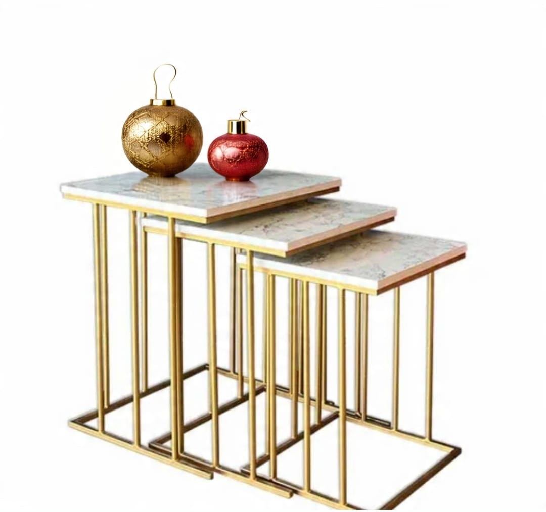 Luxury Nesting Tables Set of 3 – UV Lasani Top with Golden Iron Base | Black & White Marble Look | Modern Side Tables for Living Room, Bedroom, Office