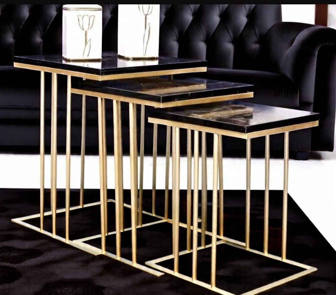 Luxury Nesting Tables Set of 3 – UV Lasani Top with Golden Iron Base | Black & White Marble Look | Modern Side Tables for Living Room, Bedroom, Office