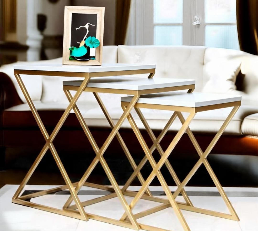 Modern Nesting Table Set – Black & White UV Lasani Top with Gold Iron Frame (3-Piece Set)