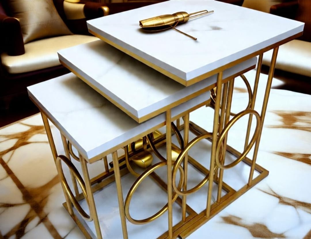 Luxury Nesting Tables Set of 3 – UV Lasani Top with Golden Iron Base | Black And White Tops | Water Resistant | High Quality Finish