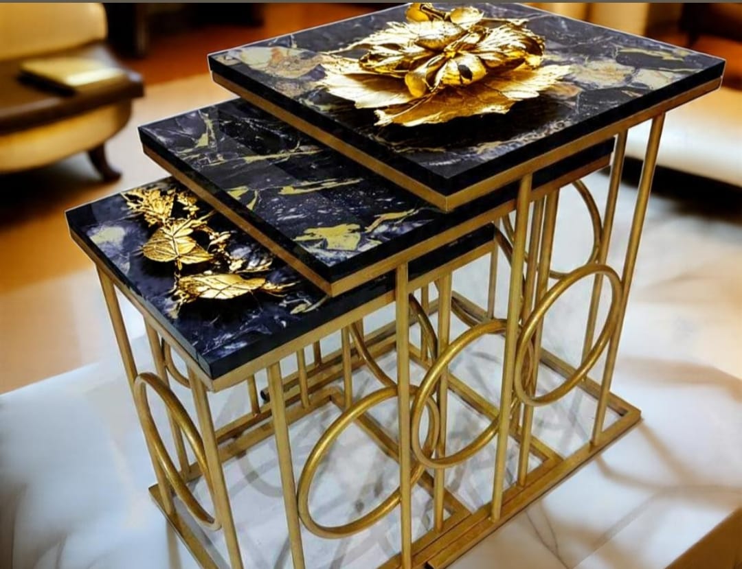 Luxury Nesting Tables Set of 3 – UV Lasani Top with Golden Iron Base | Black And White Tops | Water Resistant | High Quality Finish