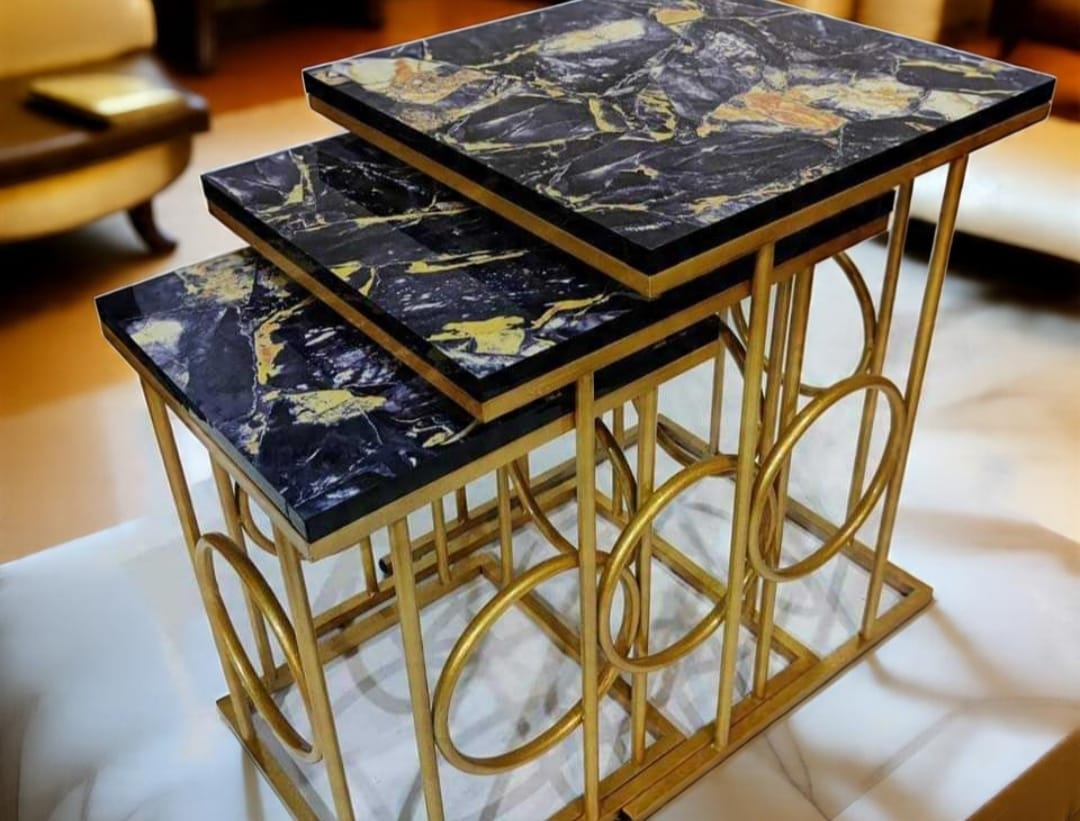 Luxury Nesting Tables Set of 3 – UV Lasani Top with Golden Iron Base | Black And White Tops | Water Resistant | High Quality Finish