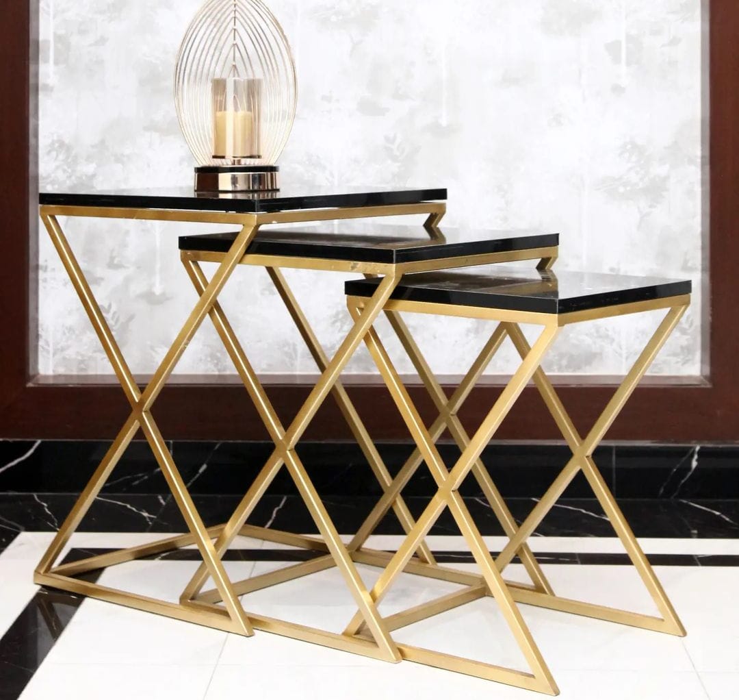 Modern Nesting Table Set – Black & White UV Lasani Top with Gold Iron Frame (3-Piece Set)