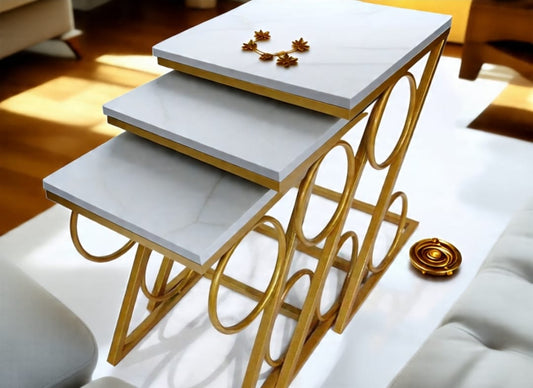 Modern 3-Piece Nesting Tables Set with UV Lasani Tops & Golden Iron Base – Black & White Marble Finish