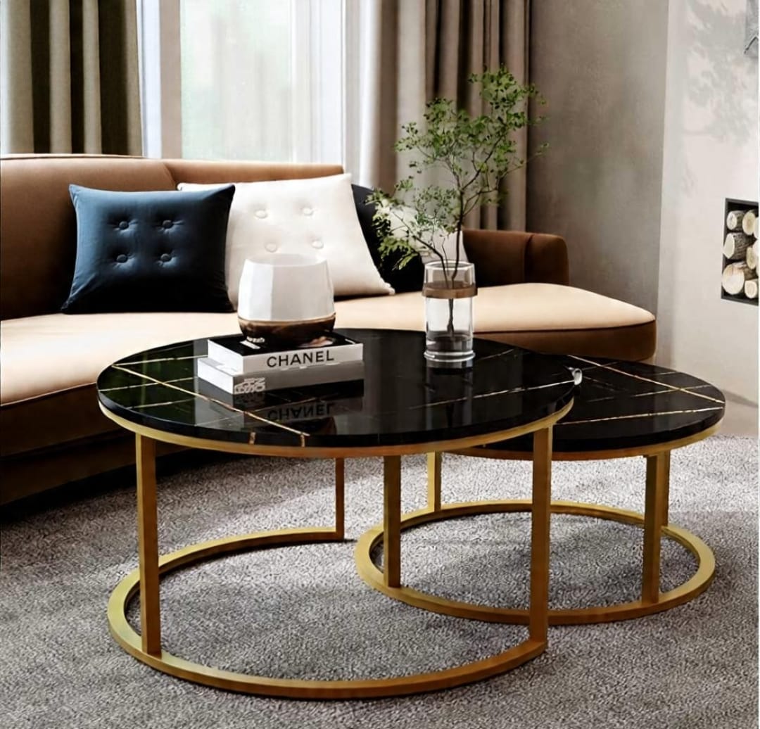Luxury High-Gloss Nesting Coffee Table Set – Round UV Wooden Top with Gold Metal Base (Set of 2)
