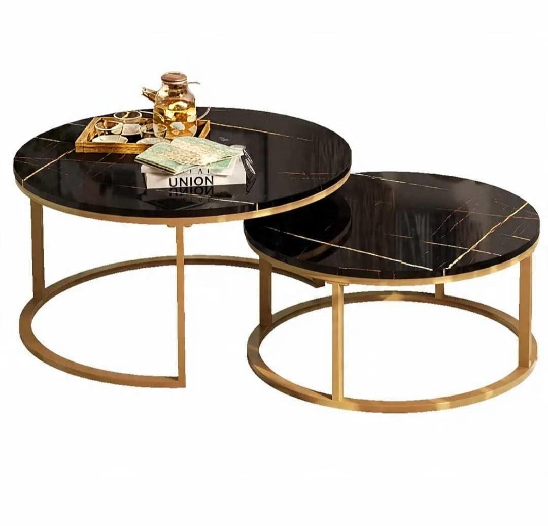 Luxury High-Gloss Nesting Coffee Table Set – Round UV Wooden Top with Gold Metal Base (Set of 2)