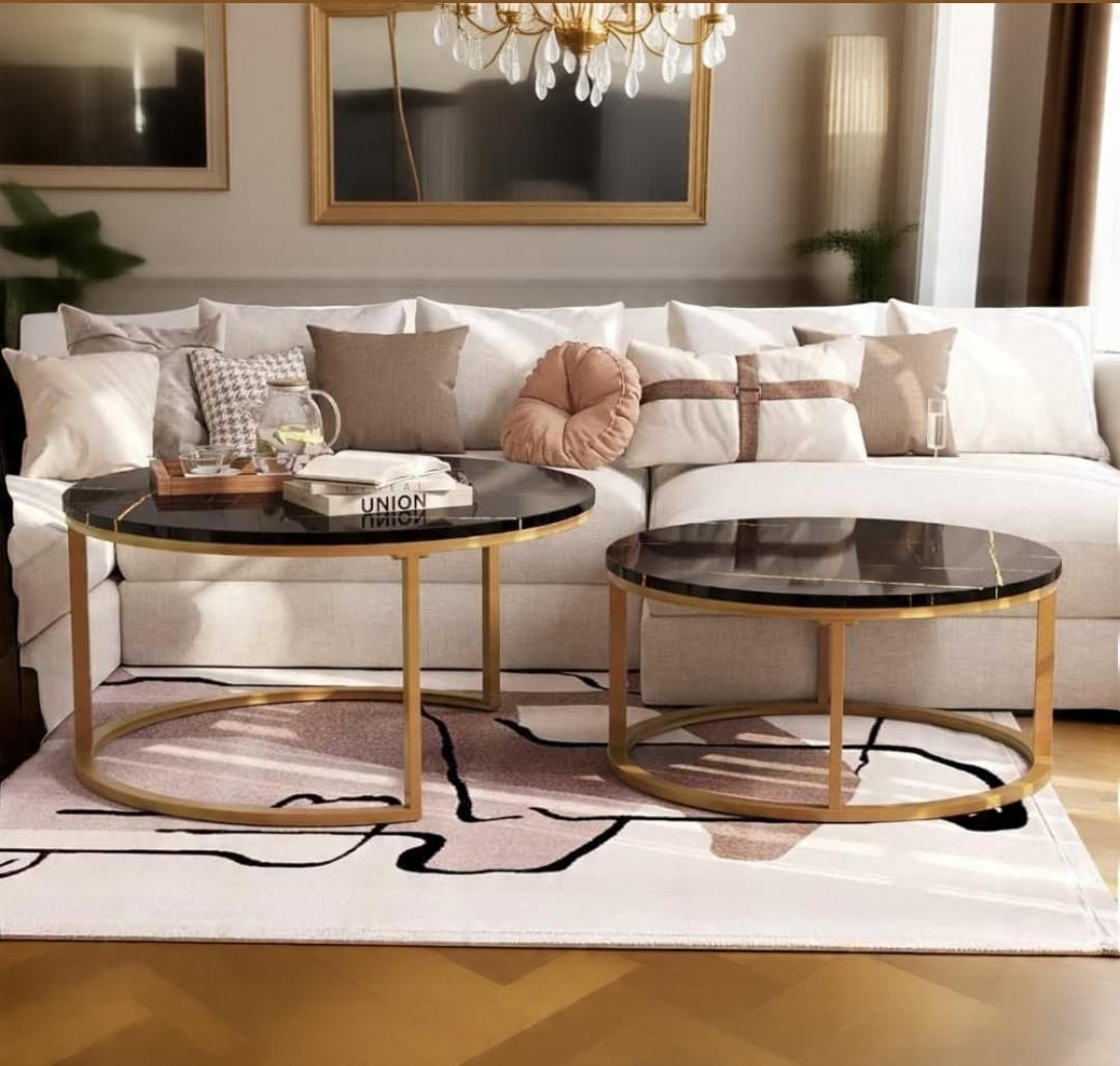 Luxury High-Gloss Nesting Coffee Table Set – Round UV Wooden Top with Gold Metal Base (Set of 2)