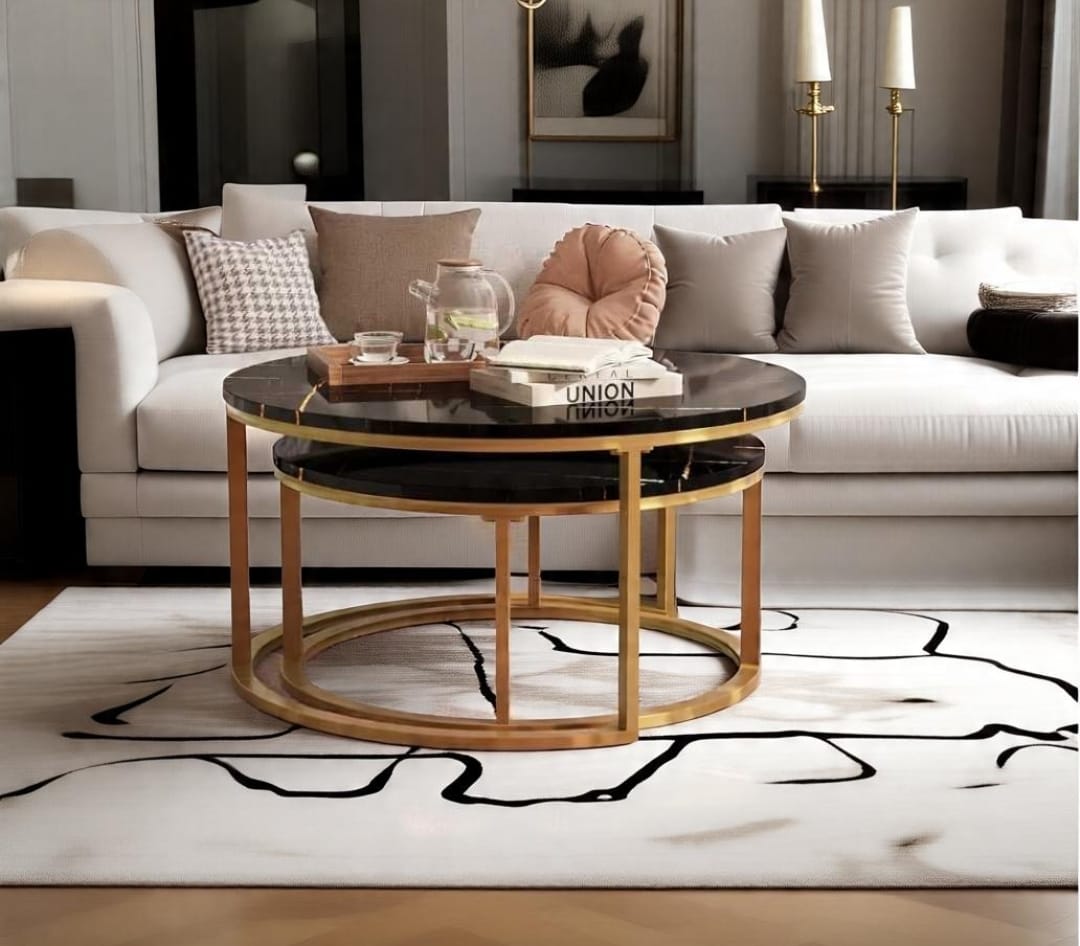 Luxury High-Gloss Nesting Coffee Table Set – Round UV Wooden Top with Gold Metal Base (Set of 2)