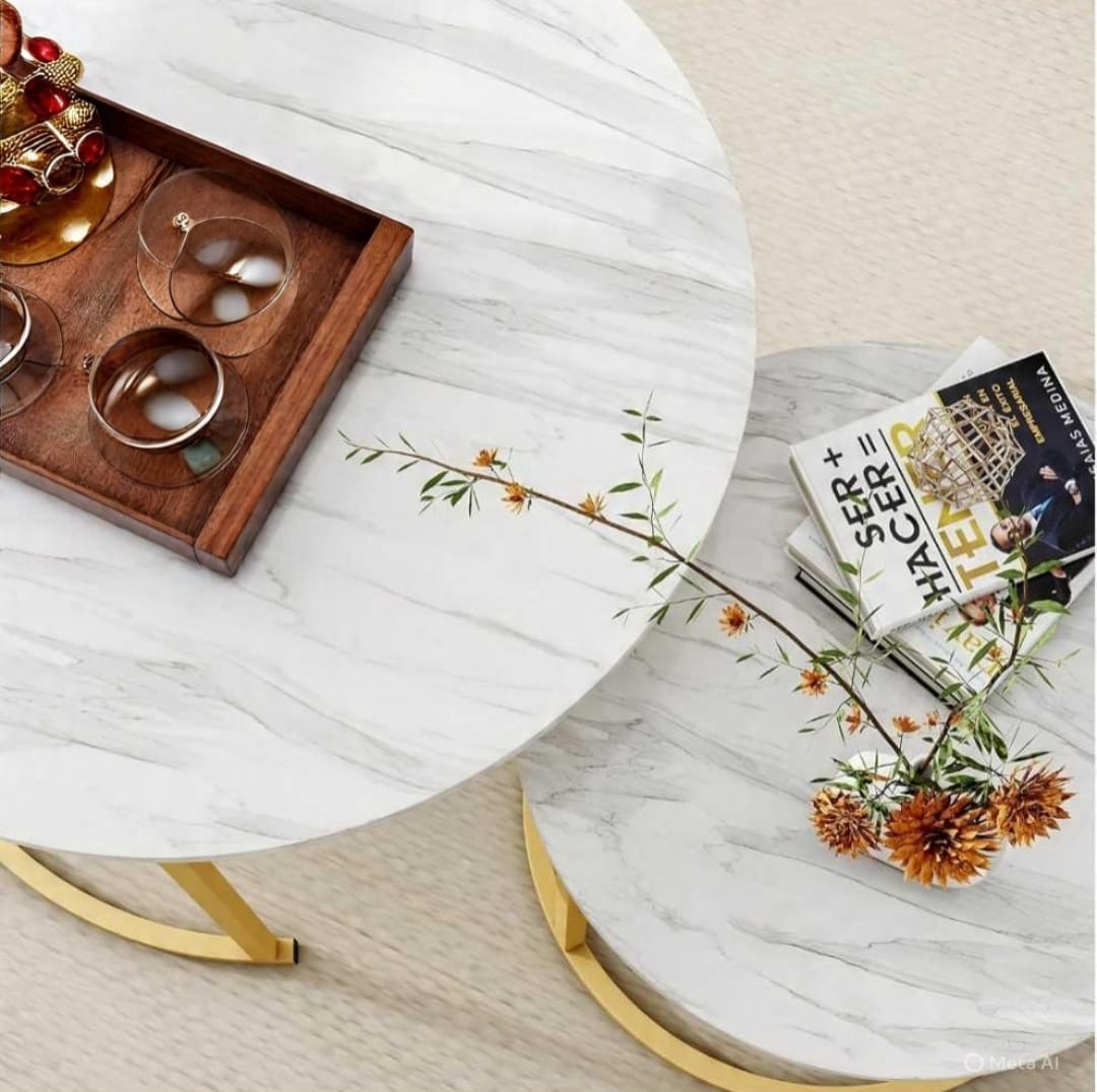 Luxury High-Gloss Nesting Coffee Table Set – Round UV Wooden Top with Gold Metal Base (Set of 2)