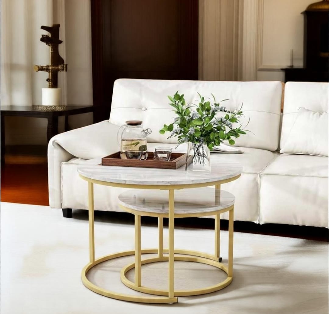 Luxury High-Gloss Nesting Coffee Table Set – Round UV Wooden Top with Gold Metal Base (Set of 2)