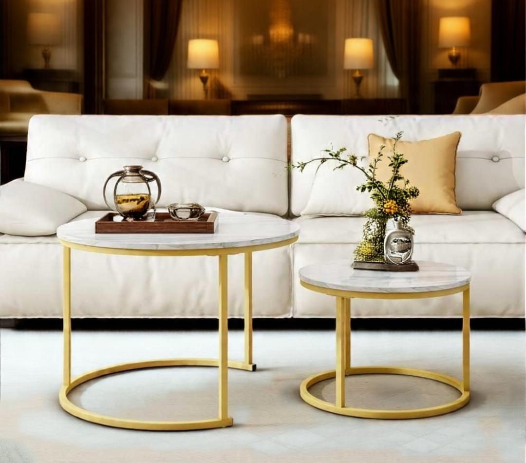 Luxury High-Gloss Nesting Coffee Table Set – Round UV Wooden Top with Gold Metal Base (Set of 2)