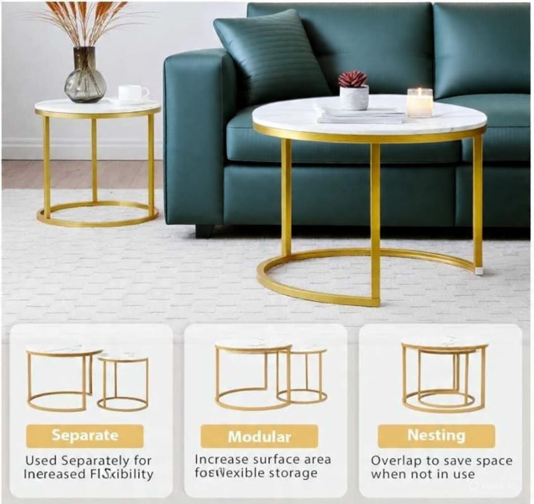 Luxury High-Gloss Nesting Coffee Table Set – Round UV Wooden Top with Gold Metal Base (Set of 2)