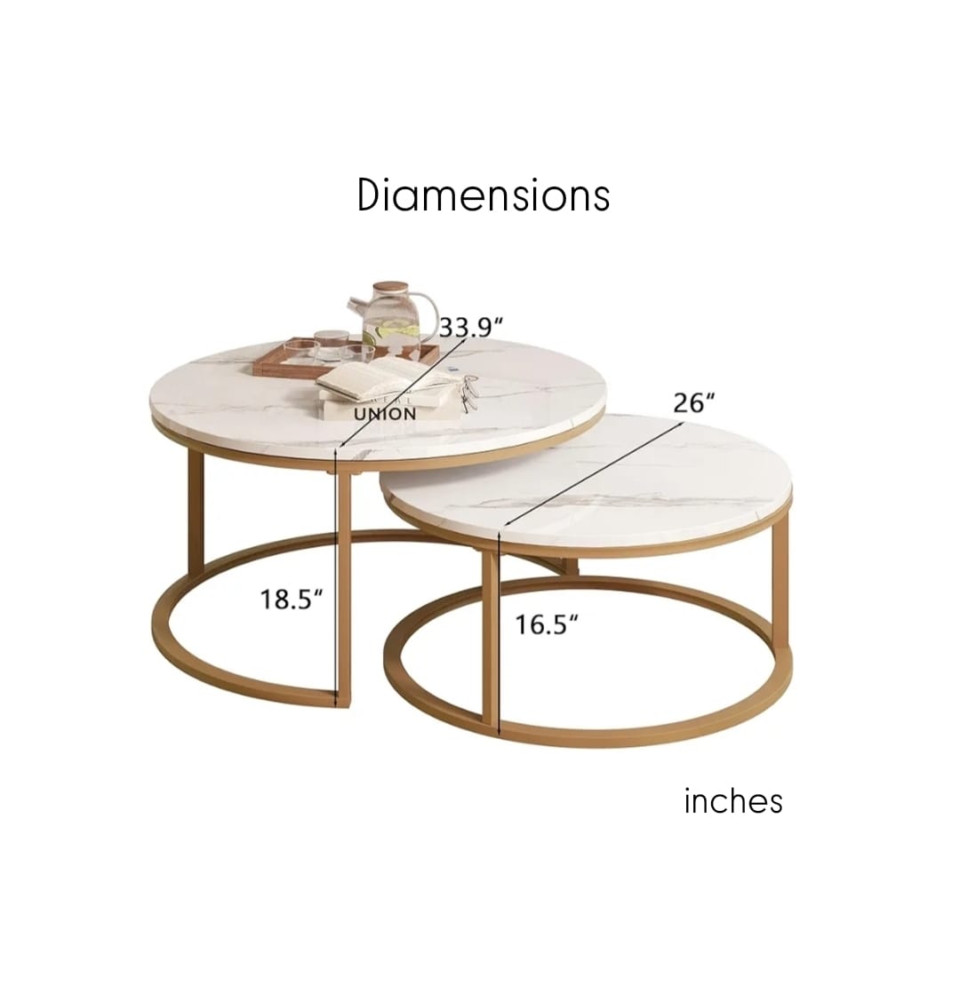 Luxury High-Gloss Nesting Coffee Table Set – Round UV Wooden Top with Gold Metal Base (Set of 2)