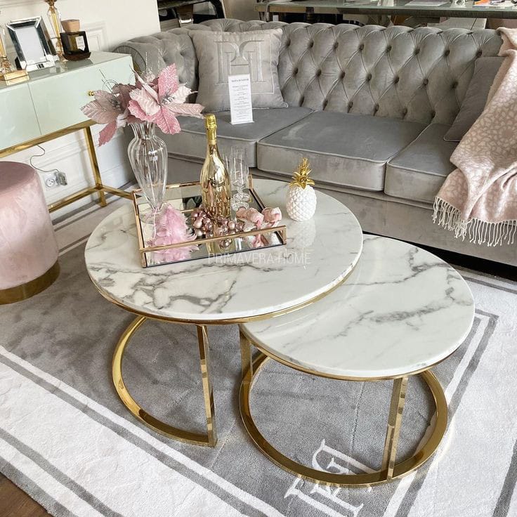 Luxury High-Gloss Nesting Coffee Table Set – Round UV Wooden Top with Gold Metal Base (Set of 2)