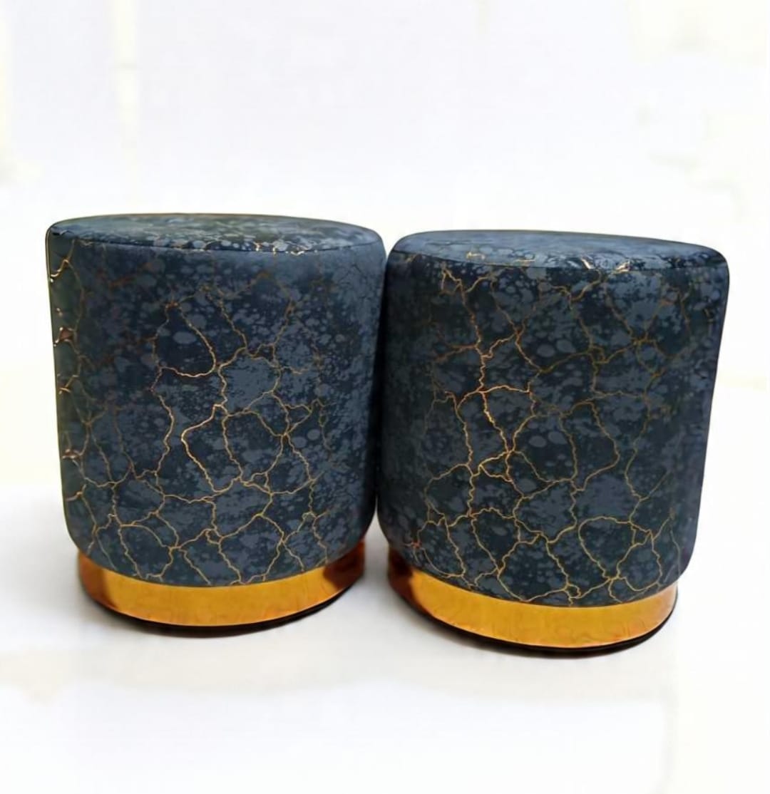 Velvet Gold Base Ottoman Stool Set – Round Padded Pouffes (Set of 2)