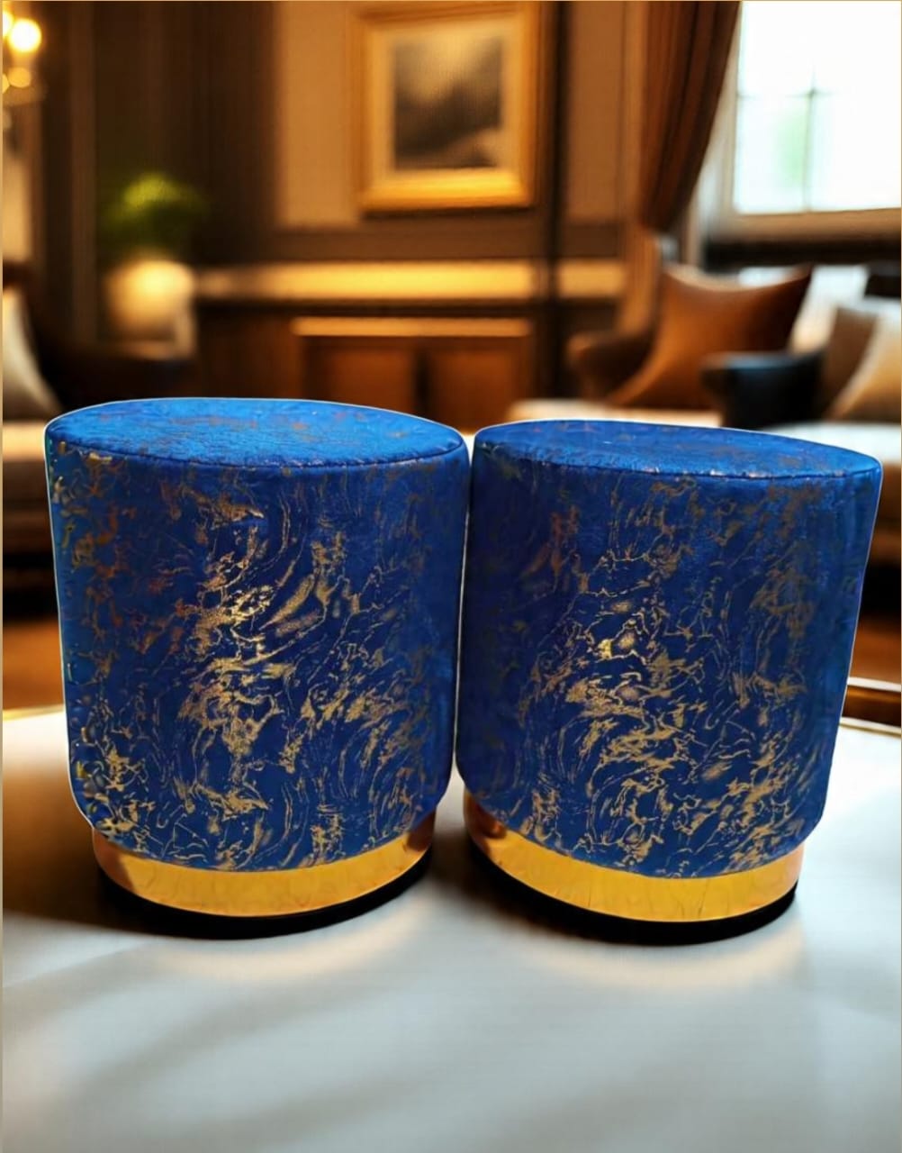 Velvet Gold Base Ottoman Stool Set – Round Padded Pouffes (Set of 2)