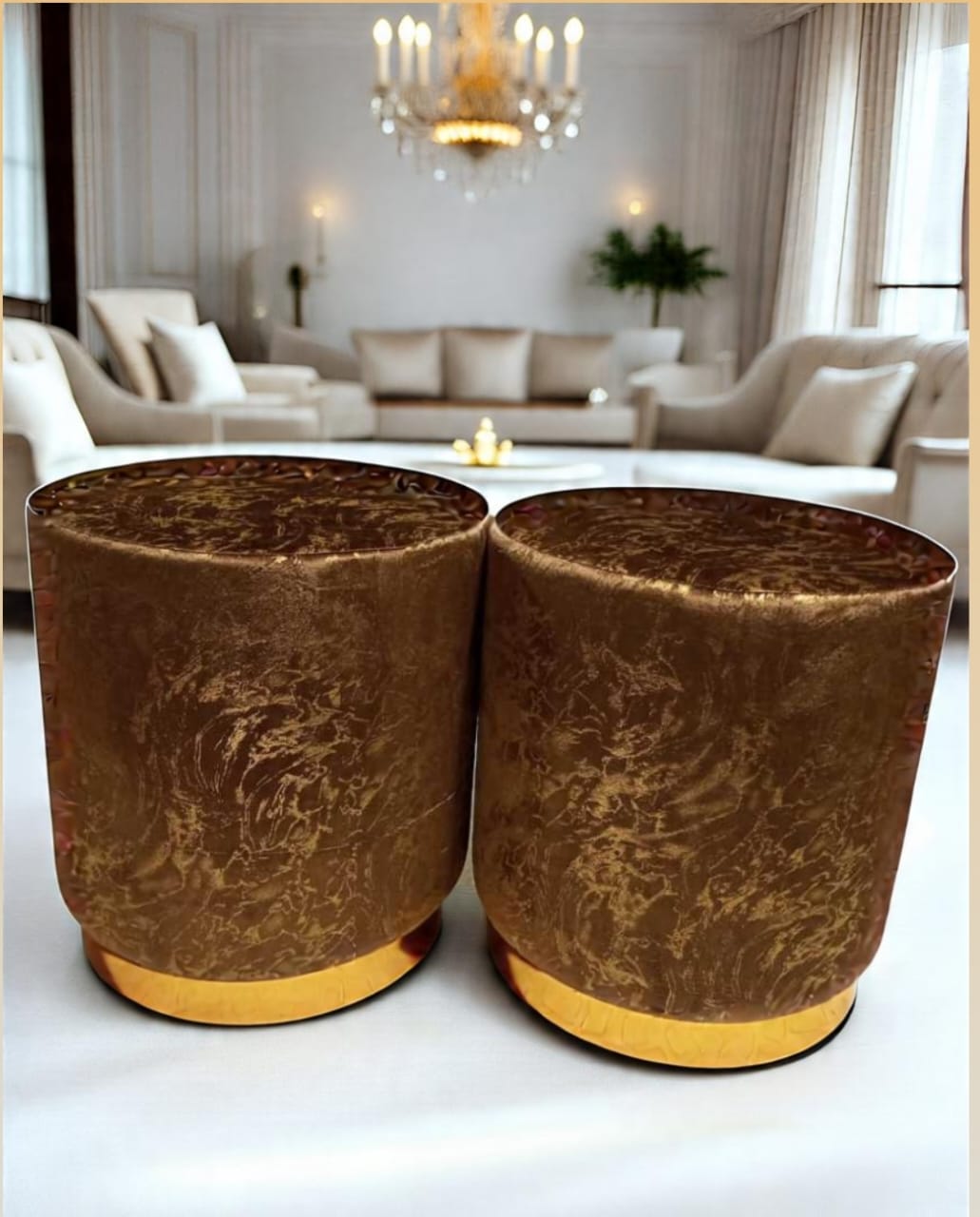 Velvet Gold Base Ottoman Stool Set – Round Padded Pouffes (Set of 2)