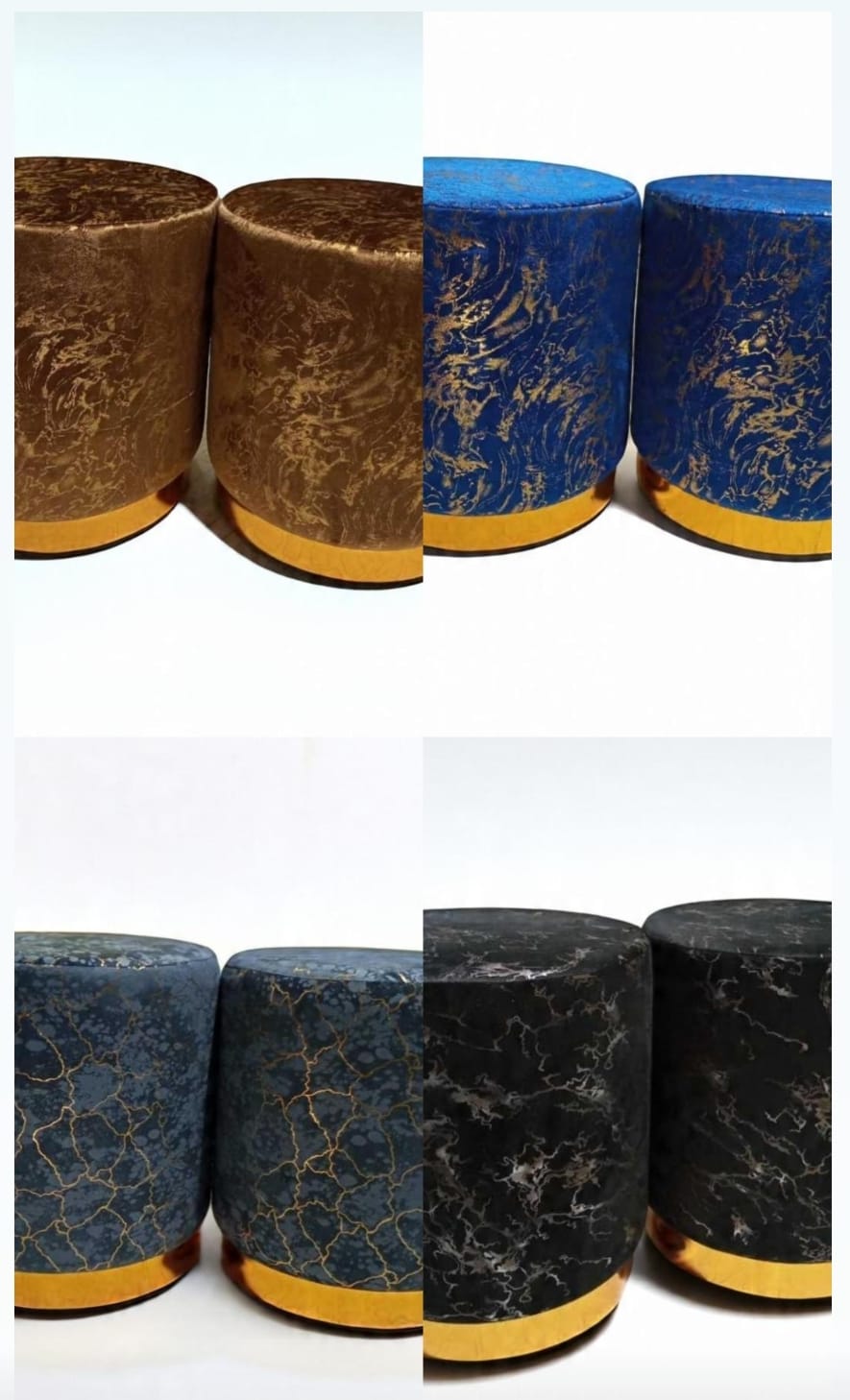 Velvet Gold Base Ottoman Stool Set – Round Padded Pouffes (Set of 2)