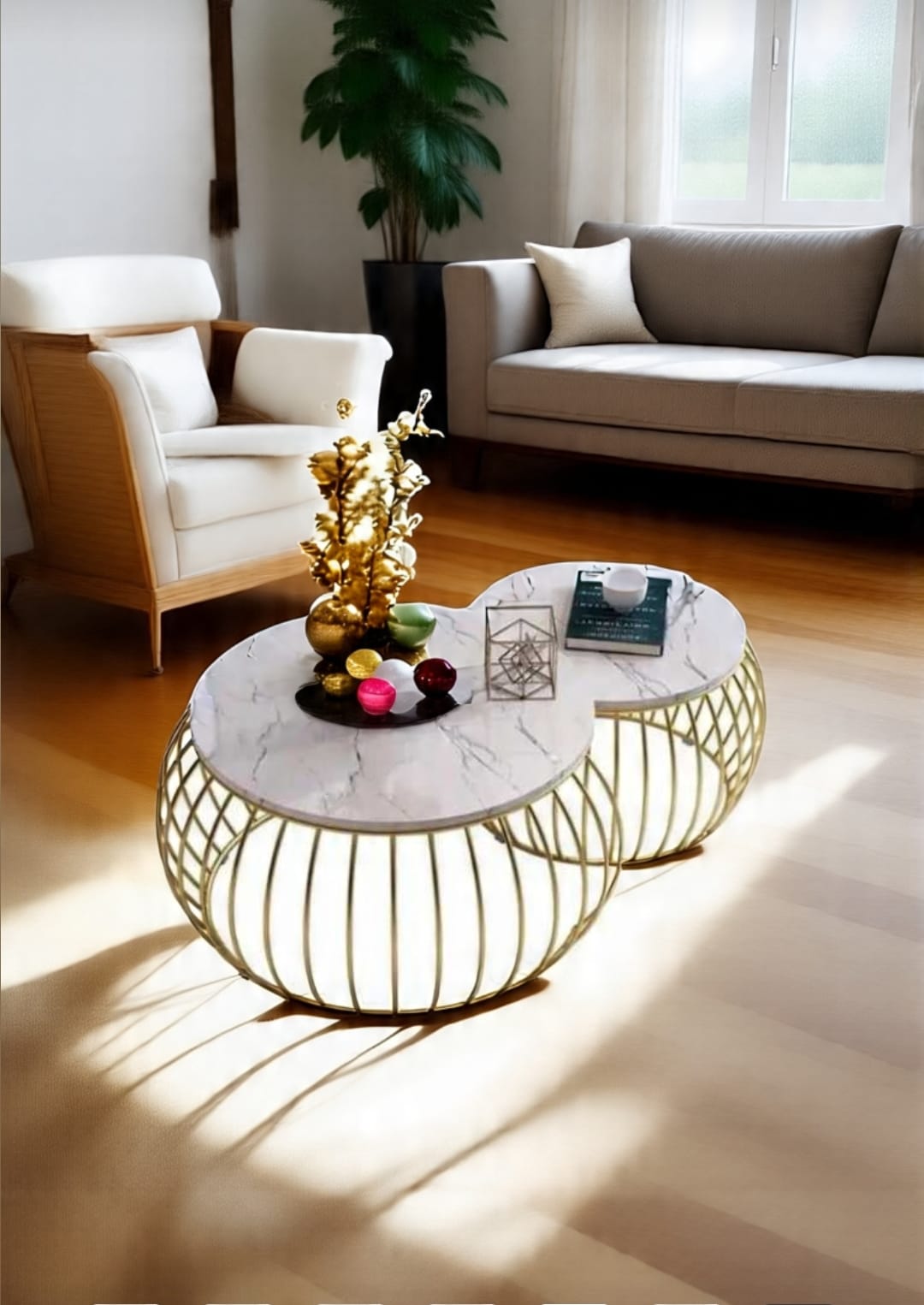 Modern Round Coffee Table – High Gloss UV Marble look - Wooden Top with Gold Metal Base (Single or Pair)