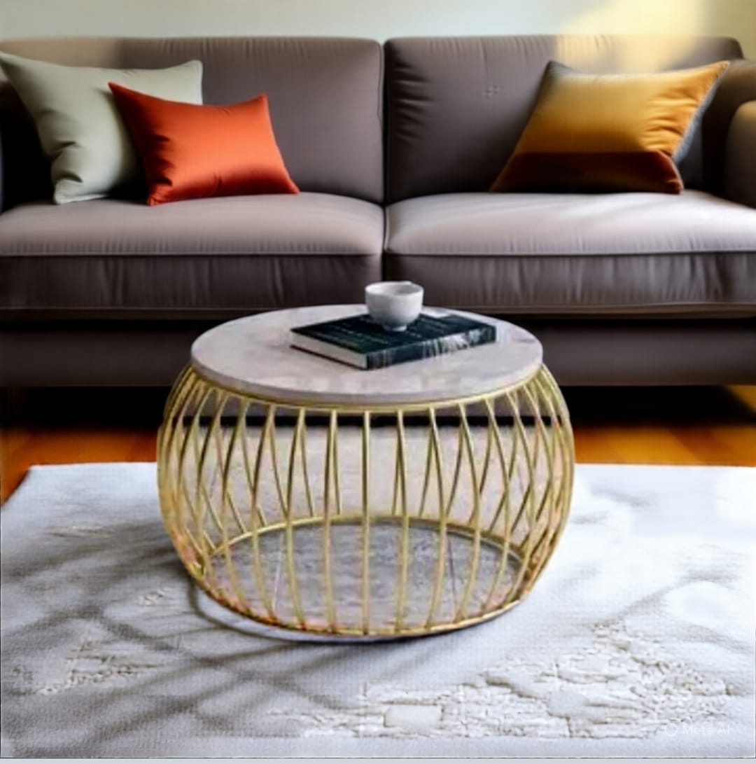 Modern Round Coffee Table – High Gloss UV Marble look - Wooden Top with Gold Metal Base (Single or Pair)