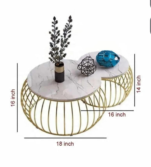 Modern Round Coffee Table – High Gloss UV Marble look - Wooden Top with Gold Metal Base (Single or Pair)