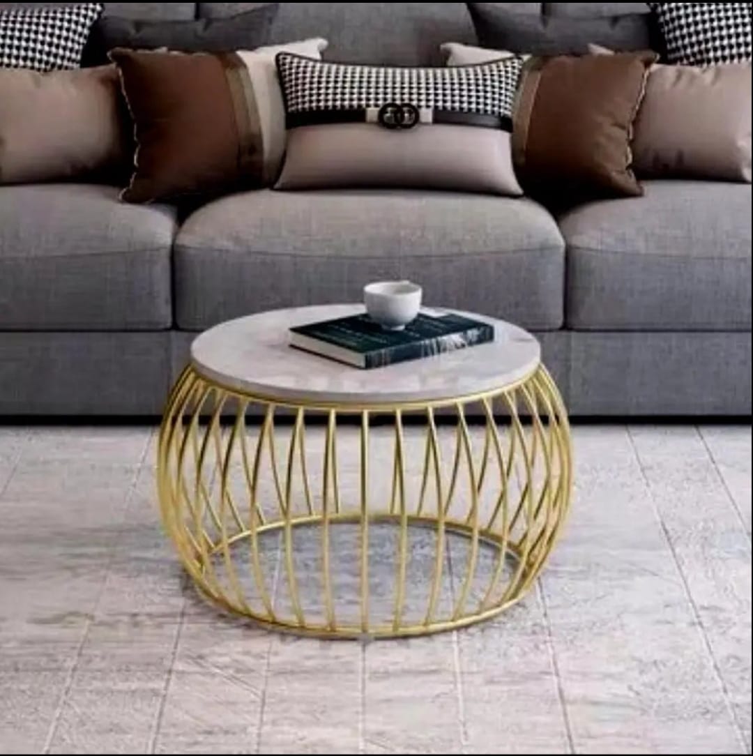 Modern Round Coffee Table – High Gloss UV Marble look - Wooden Top with Gold Metal Base (Single or Pair)