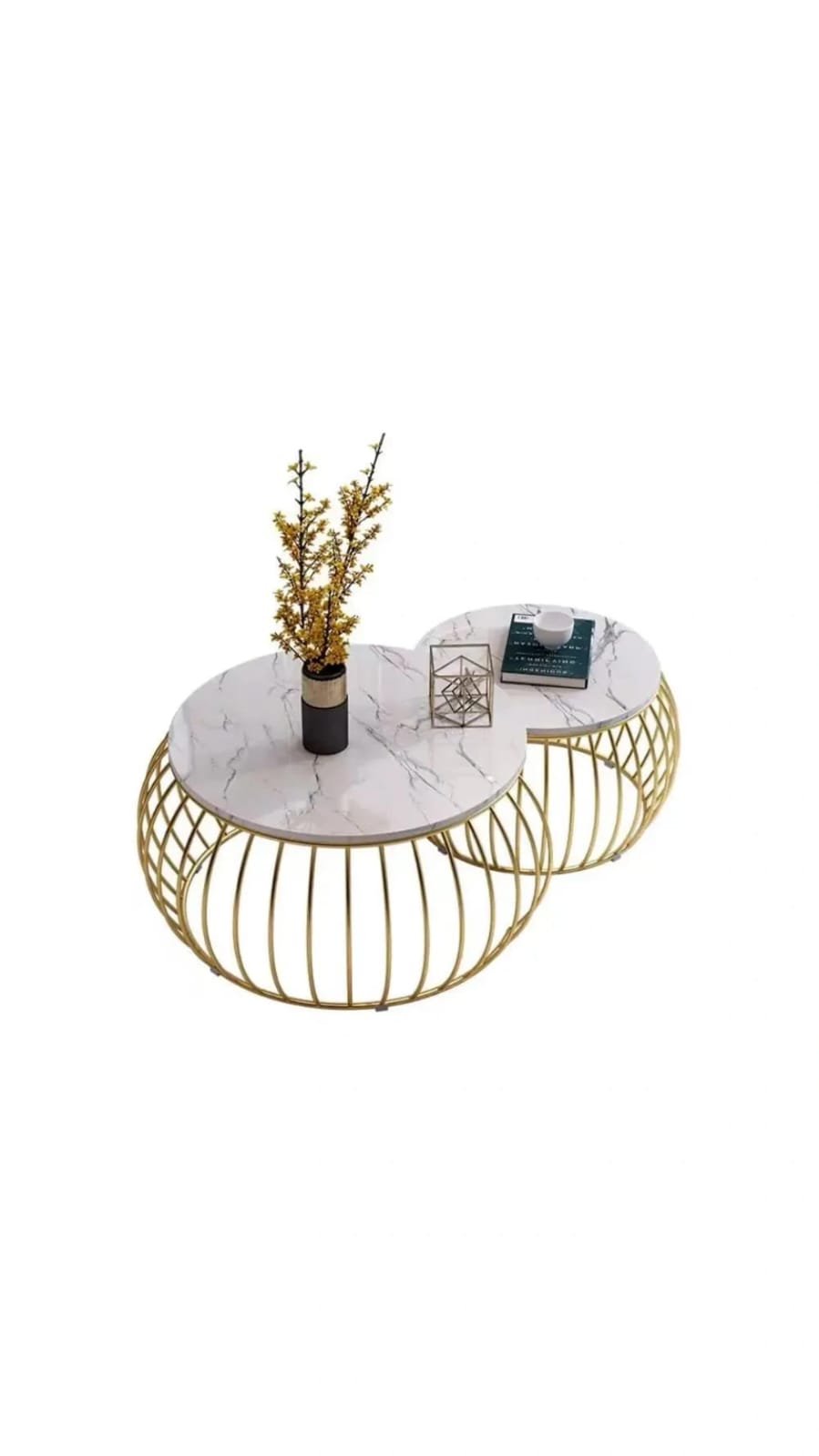 Modern Round Coffee Table – High Gloss UV Marble look - Wooden Top with Gold Metal Base (Single or Pair)