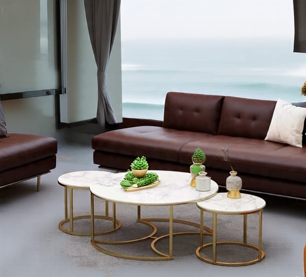 Luxury 3-Piece Nesting Coffee Table Set – High-Gloss UV Wooden Top (White or Black) with Golden Metal Base