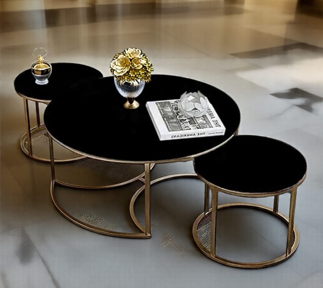 Luxury 3-Piece Nesting Coffee Table Set – High-Gloss UV Wooden Top (White or Black) with Golden Metal Base