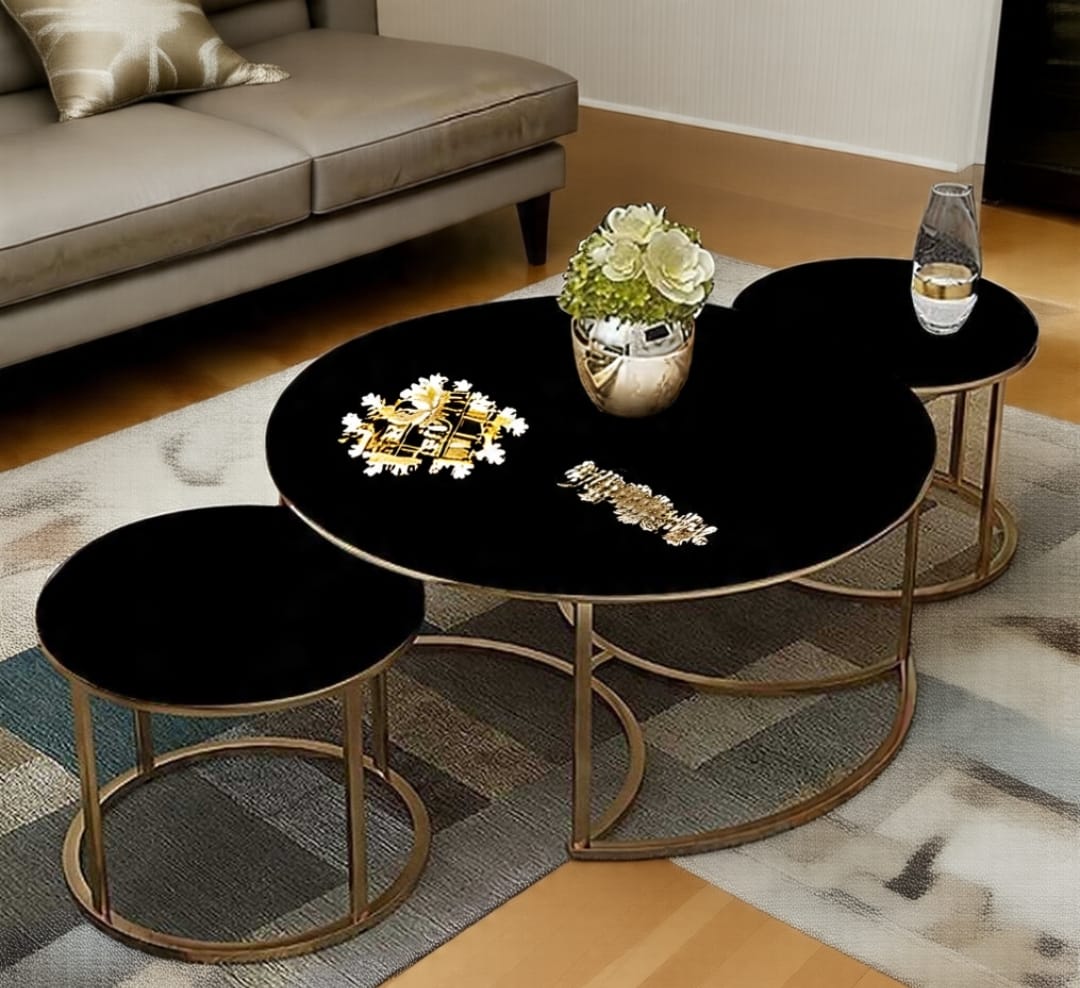 Luxury 3-Piece Nesting Coffee Table Set – High-Gloss UV Wooden Top (White or Black) with Golden Metal Base