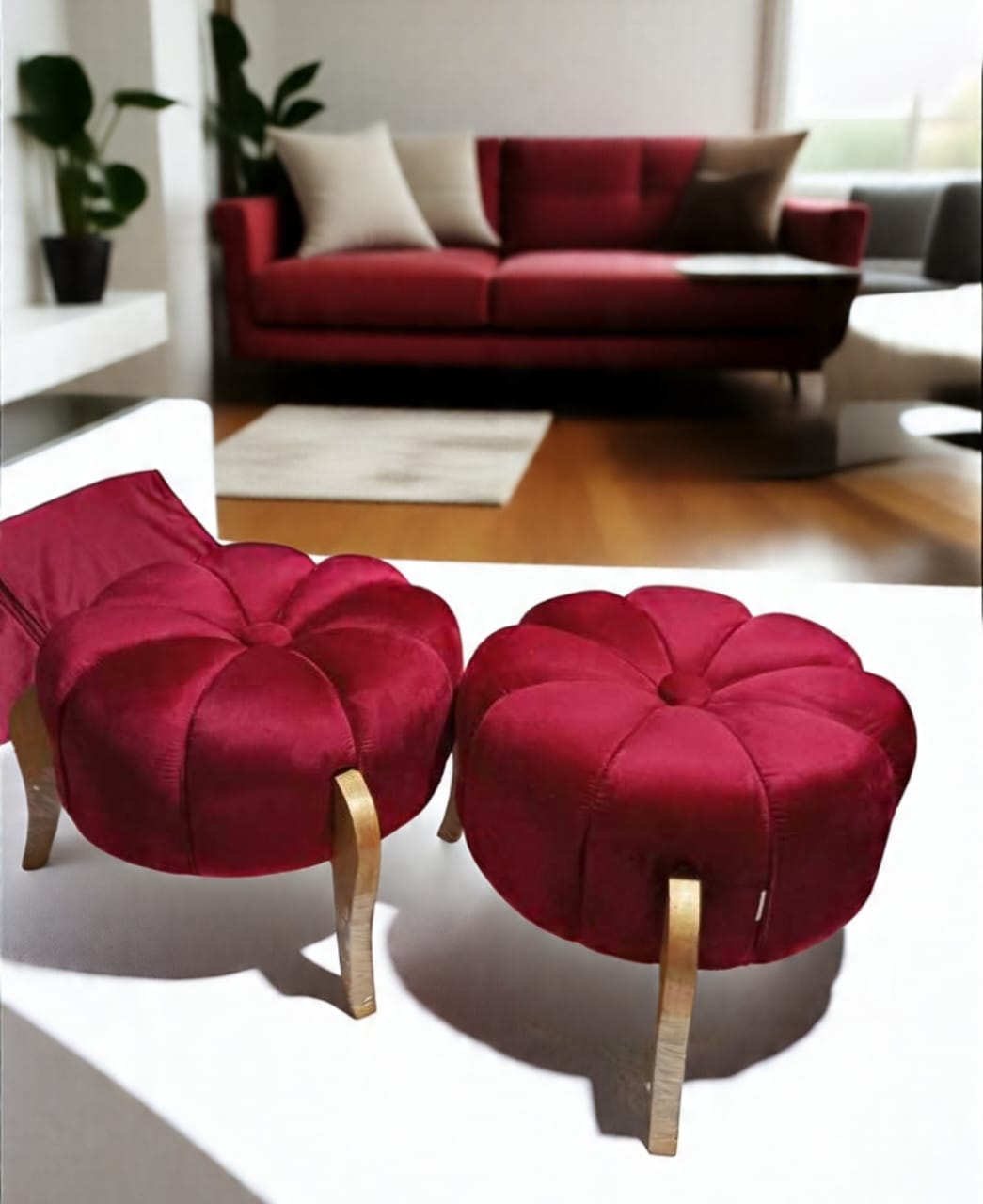 Premium Velvet Pumpkin Ottoman Stool with Wooden Legs – Plush Round Pouf for Living Room & Bedroom Décor | Multiple Colors Available