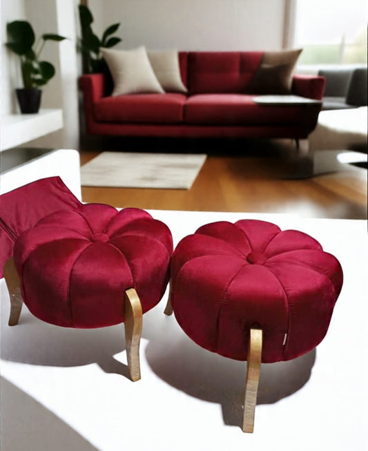 Premium Velvet Pumpkin Ottoman Stool with Wooden Legs – Plush Round Pouf for Living Room & Bedroom Décor | Multiple Colors Available
