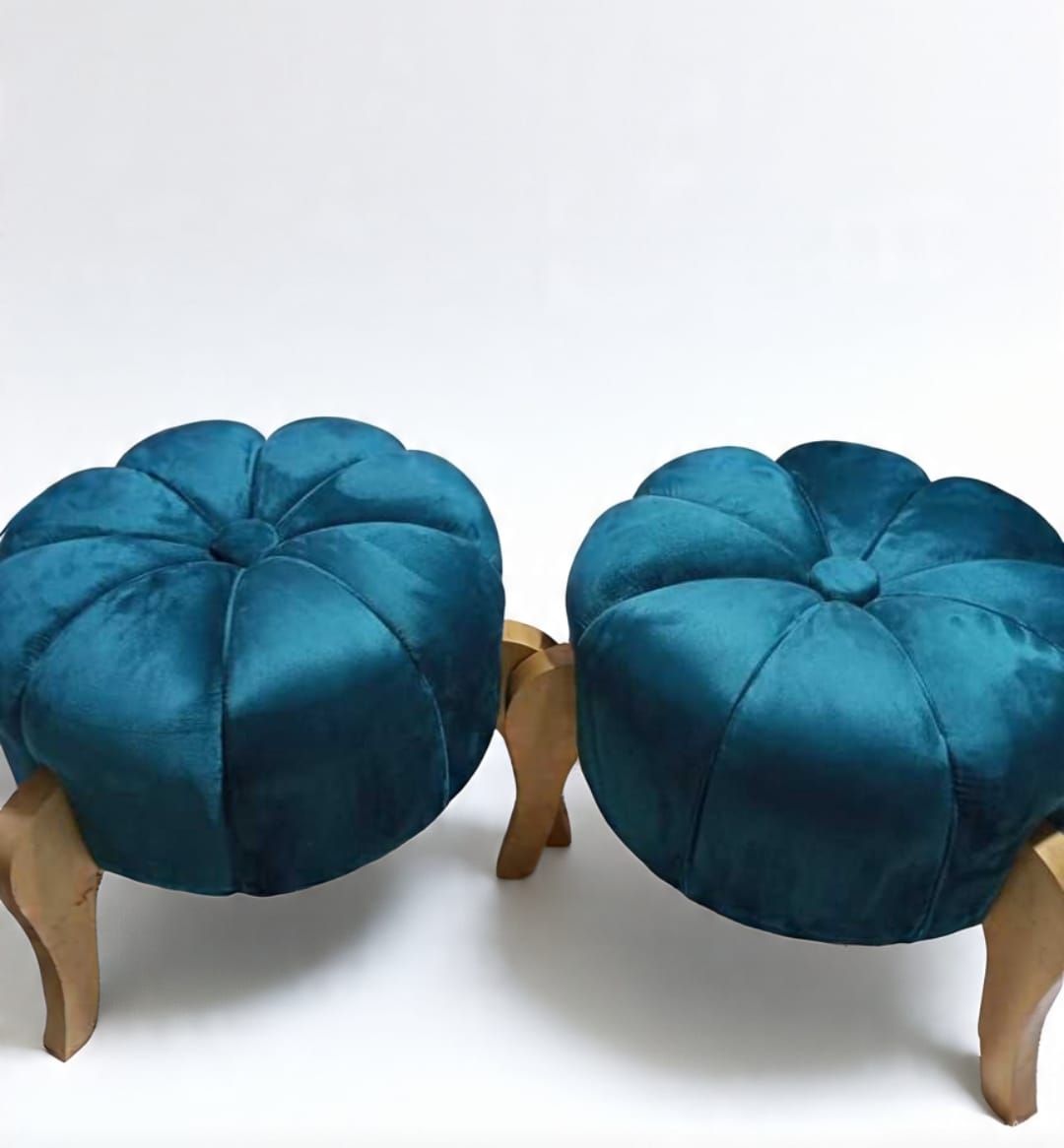 Premium Velvet Pumpkin Ottoman Stool with Wooden Legs – Plush Round Pouf for Living Room & Bedroom Décor | Multiple Colors Available