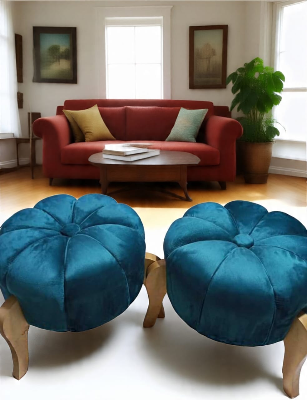 Premium Velvet Pumpkin Ottoman Stool with Wooden Legs – Plush Round Pouf for Living Room & Bedroom Décor | Multiple Colors Available