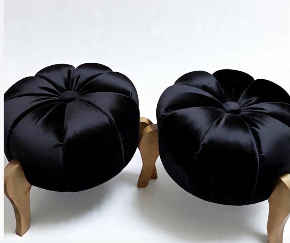 Premium Velvet Pumpkin Ottoman Stool with Wooden Legs – Plush Round Pouf for Living Room & Bedroom Décor | Multiple Colors Available