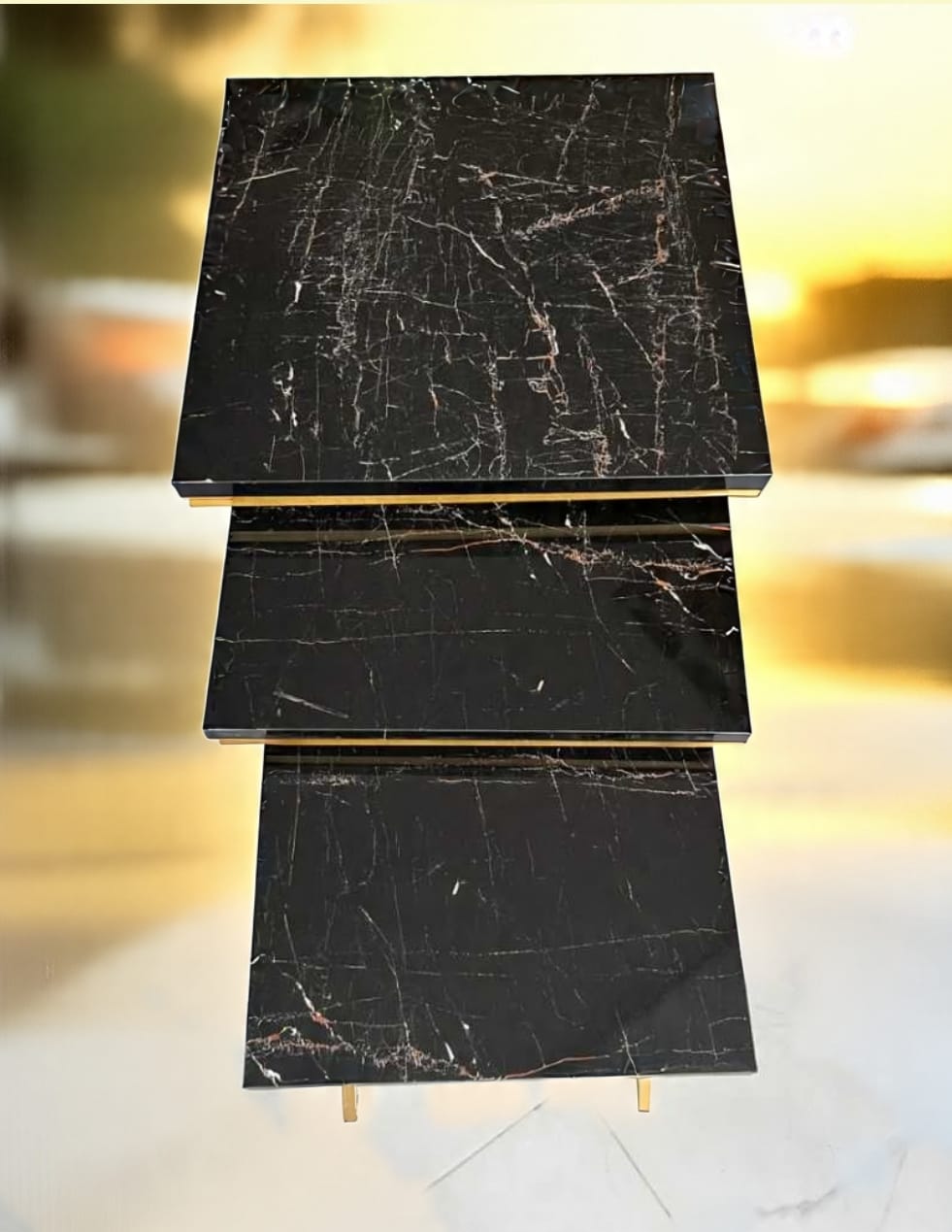 Modern 3-Piece Nesting Tables Set with UV Lasani Tops & Golden Iron Base – Black & White Marble Finish