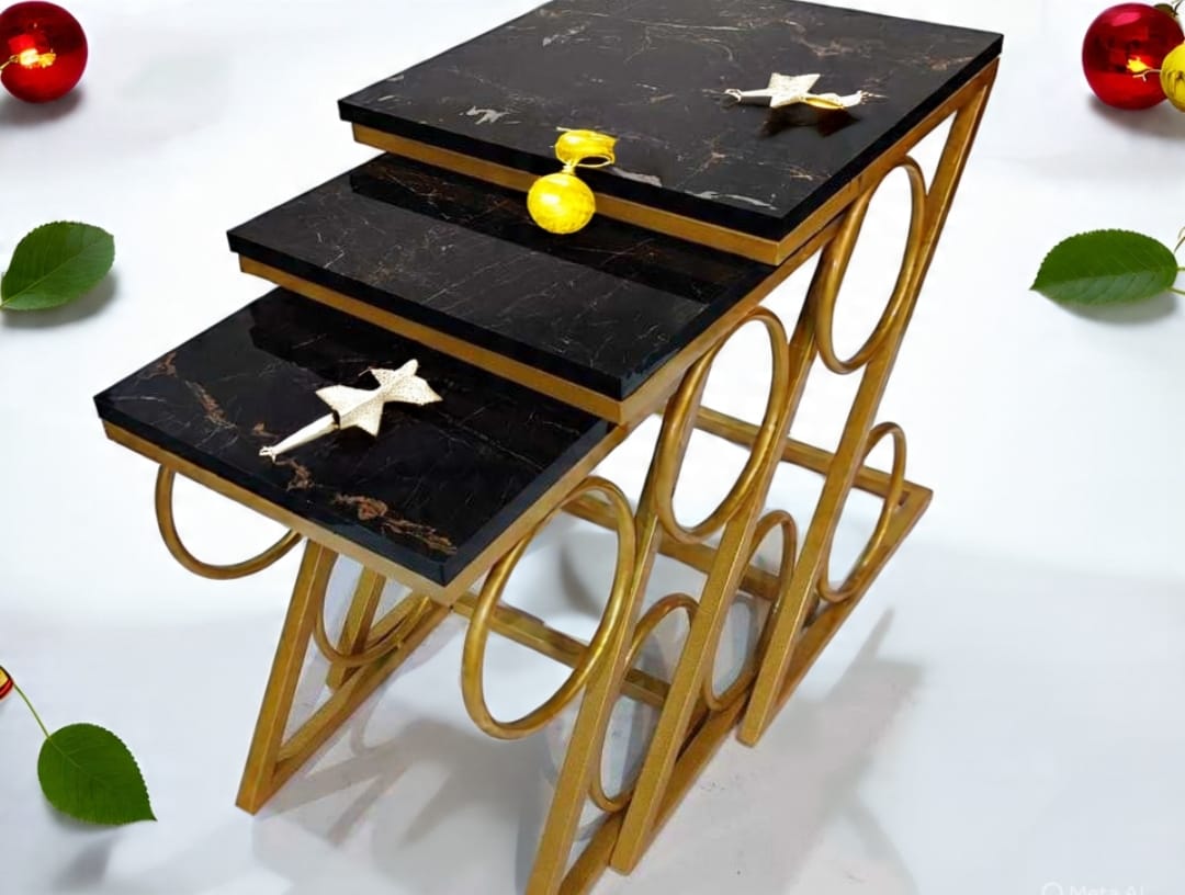 Modern 3-Piece Nesting Tables Set with UV Lasani Tops & Golden Iron Base – Black & White Marble Finish