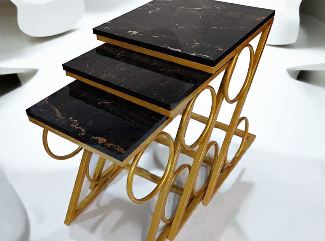 Modern 3-Piece Nesting Tables Set with UV Lasani Tops & Golden Iron Base – Black & White Marble Finish