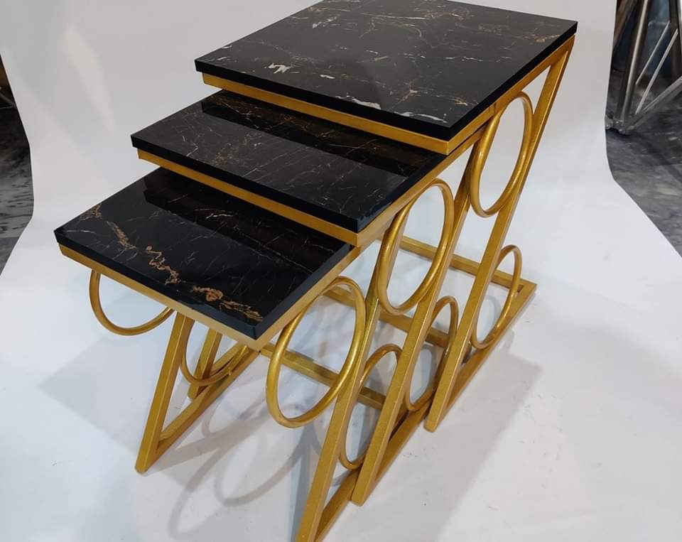Modern 3-Piece Nesting Tables Set with UV Lasani Tops & Golden Iron Base – Black & White Marble Finish